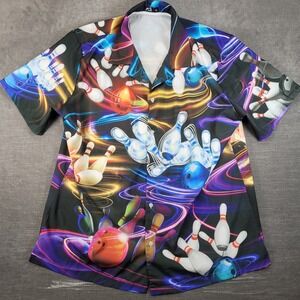 ACE Mens XL Bowling Shirt Neon Cosmic Bowling Pins Balls Graphic Button Up XL
